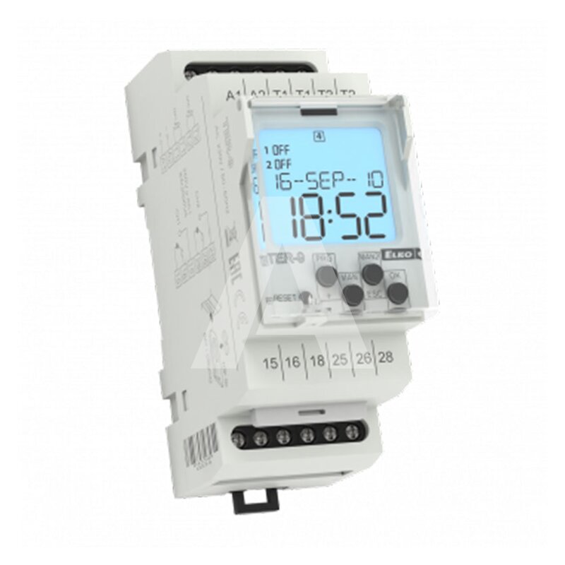 Zegar sterujący z termostatem cyfrowym, dzienny/tygodniowy/roczny, styki 2x8 A, 230 V AC galwanicznie odizolowane, TER-9, 8595188124478