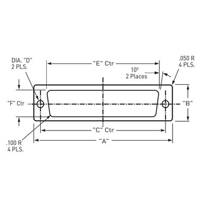 Przewodzący elastomer C, CHO-SEAL S6600, profil D-SUB typ DA-15, A: 30,81 mm, B: 15,09 mm, C: 25 mm, D: 3,05 mm, E: 17,7 mm, F: 9,14, grubość 1,57 mm, 30-01-A779-S6600 - schemat