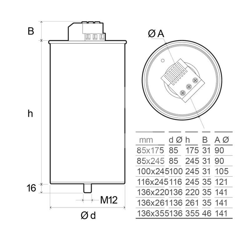 Kondensator mocy niskiego napięcia 20 Kvar 440 V, R2H54J - schemat