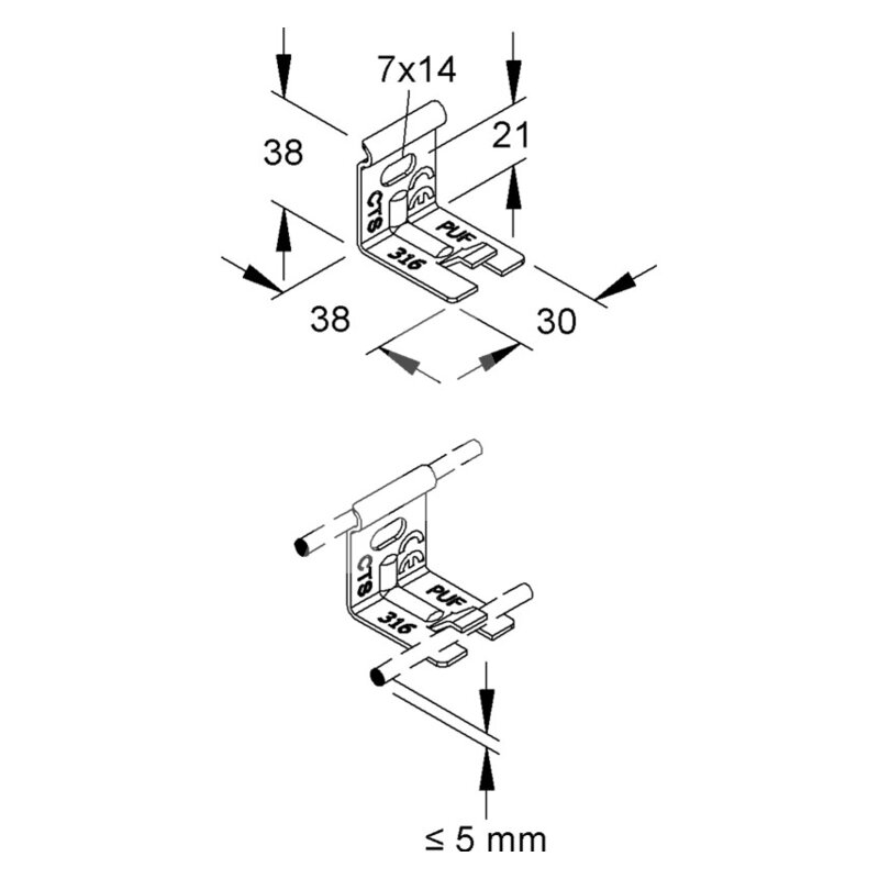 Kątownik mocujący, stal 304, GTWAB 50 E3 -schemat
