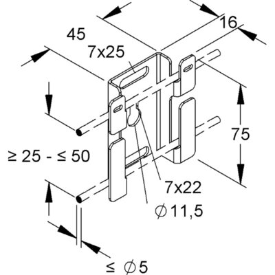 Uchwyt nierdzewny korytka siatkowego , stal 304, GRMB 50 E3 -schemat