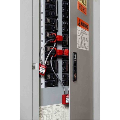 Kłódka bezpieczeństwa LOTO z linką (200 mm), żółta, 146121 - zastosowanie 2