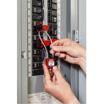 Kłódka bezpieczeństwa LOTO z linką (200 mm), żółta, 146121 - zastosowanie 1