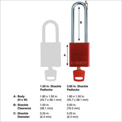 Kłódka bezpieczeństwa LOTO SafeKey, aluminiowa, szekla 76 mm, srebrna, 150297 - schemat