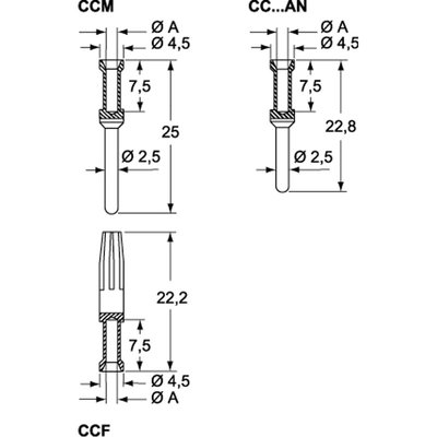 Pin męski posrebrzany, seria CC, CCMA 2.5 - schemat seria
