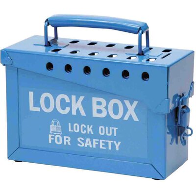 Przenośna metalowa skrzynka blokowania grupowego LOTO, niebieska, 045190
