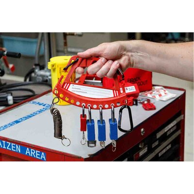 Wieszak na kłódki bezpieczeństwa LOTO + 4 zestawy 3 kłódek bezpieczeństwa, 148869 - zastosowanie 1