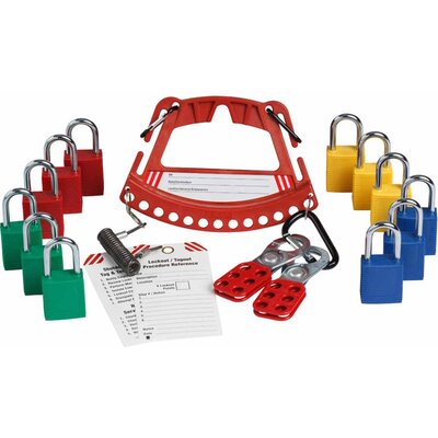 Wieszak na kłódki bezpieczeństwa LOTO + 4 zestawy 3 kłódek bezpieczeństwa, 148869