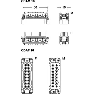 Wkładka złącza przemysłowego 66.16, CDAF 16 X - schemat