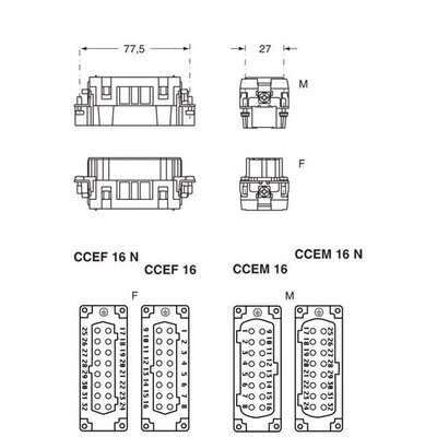 Wkładka złącza przemysłowego 77.62, CCEF 16 N - schemat