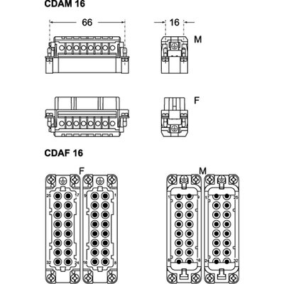 Wkładka złącza przemysłowego 66.40, CDAF 16 N - schemat