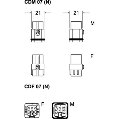 Wkładka złącza przemysłowego 21.21, CDM 07 N - schemat