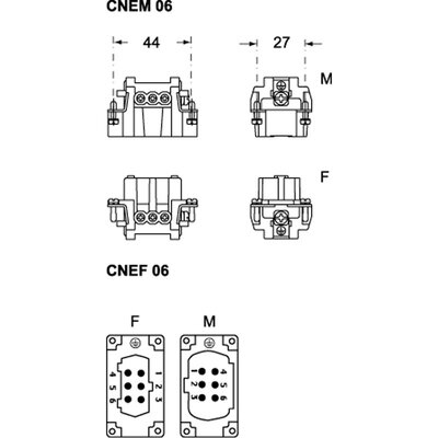 Wkładka złącza przemysłowego 44.27, CNEM 06 TX - schemat
