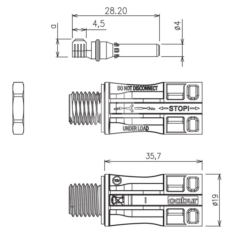Złącze solarne męskie SL4 na panel (4-6 mm²), IS14110N - schemat