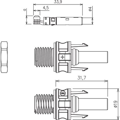 Złącze solarne żeńskie SL4 na panel (4-6 mm²), IS24111N - schemat