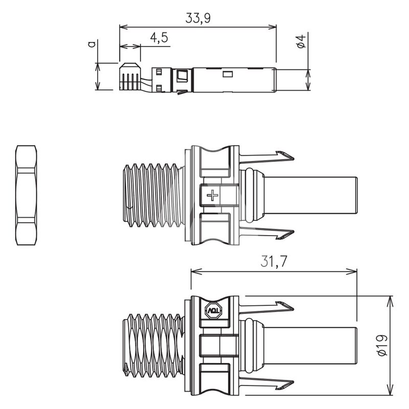 Złącze solarne żeńskie SL4 na panel (4-6 mm²), IS24111N - schemat