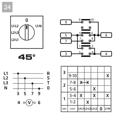 Przełącznik woltomierza międzyfazowy, P0200024R - schemat