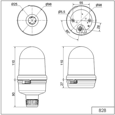 Sygnalizator optyczny 828, czerwony, palnik ksenonowy, 24 V DC, IP65, 82810055 - schemat