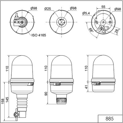 Sygnalizator optyczny 885, żółty, żarówka halogenowa, 115 / 230 V AC / DC, IP65, 88530078 - schemat