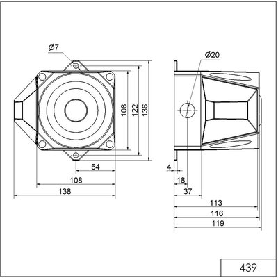Sygnalizator optyczno - akustyczny 439, czerwony palnik ksenonowy, 105 dB, 32 tonów, 9 - 60 V DC, IP66, 43911055 - schemat