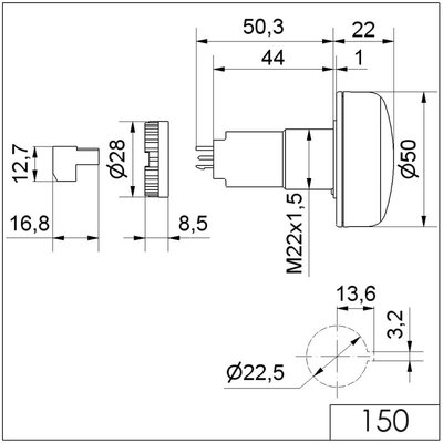 Sygnalizator optyczno - akustyczny 150, czerwony LED, 80 dB, 1 ton, 115 V AC, IP65, 15010067 - schemat